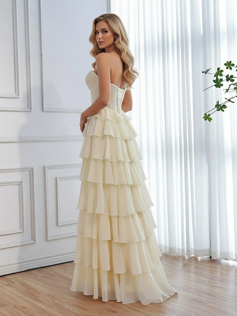 Nove Dress Yellow Pearl Beaded Lace Strapless A-Line Evening Dress