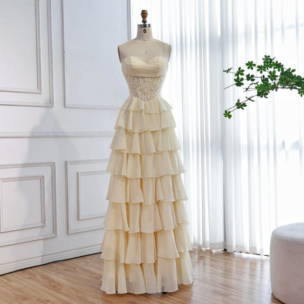 Nove Dress Yellow Pearl Beaded Lace Strapless A-Line Evening Dress
