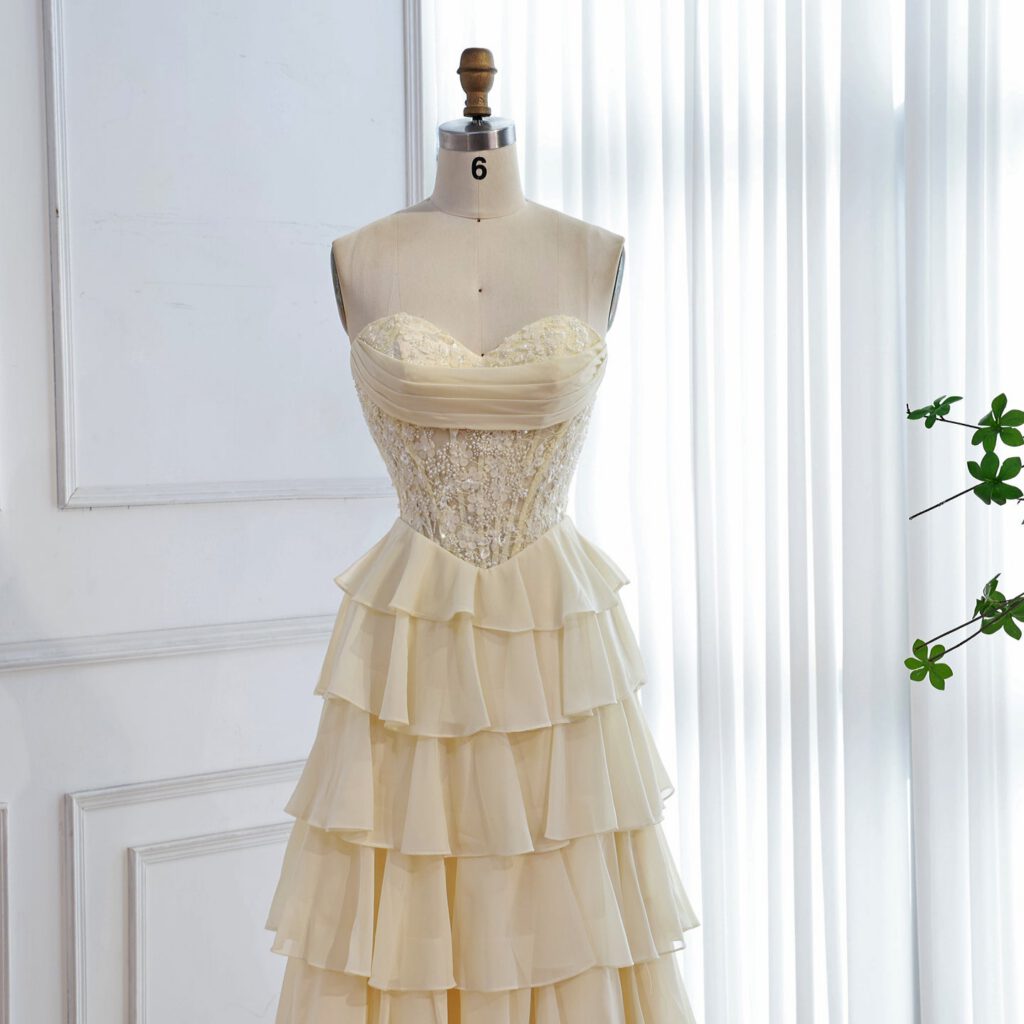 Nove Dress Yellow Pearl Beaded Lace Strapless A-Line Evening Dress