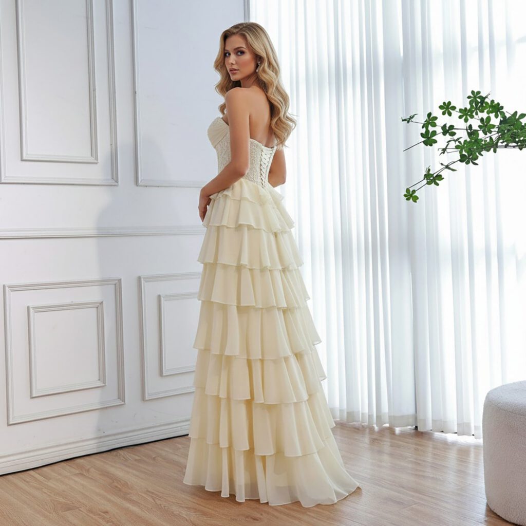 Nove Dress Yellow Pearl Beaded Lace Strapless A-Line Evening Dress