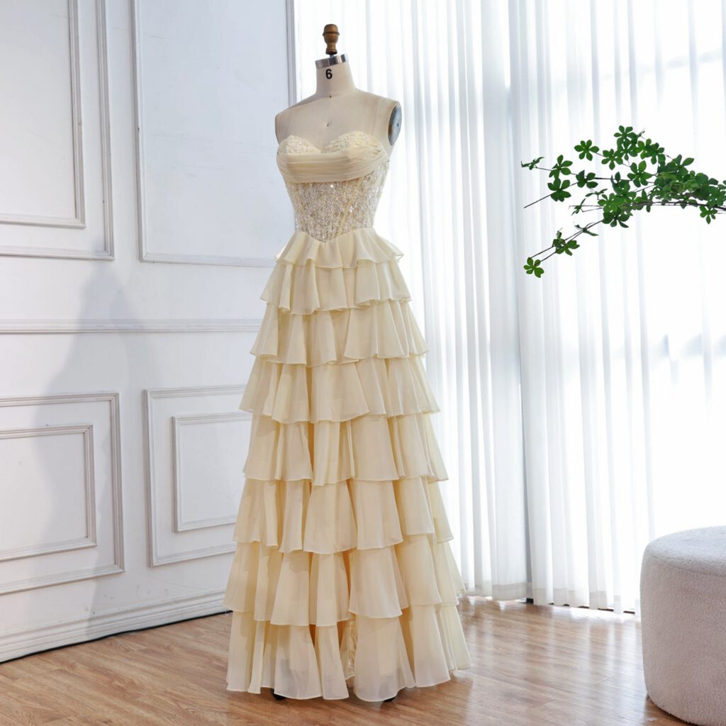 Nove Dress Yellow Pearl Beaded Lace Strapless A-Line Evening Dress