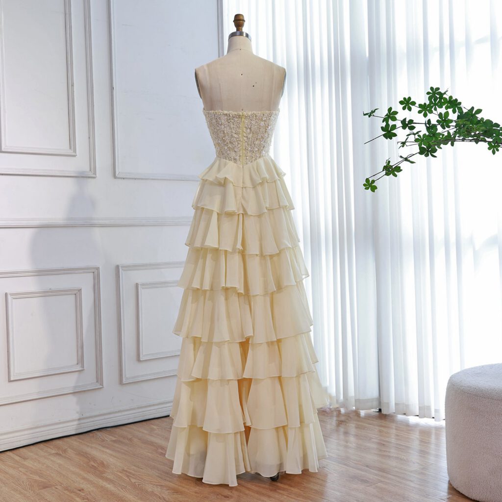 Nove Dress Yellow Pearl Beaded Lace Strapless A-Line Evening Dress