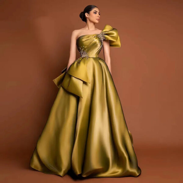 Nove Dress Yellow Satin One Shoulder A-Line Evening Dress 1 - Nove Dress